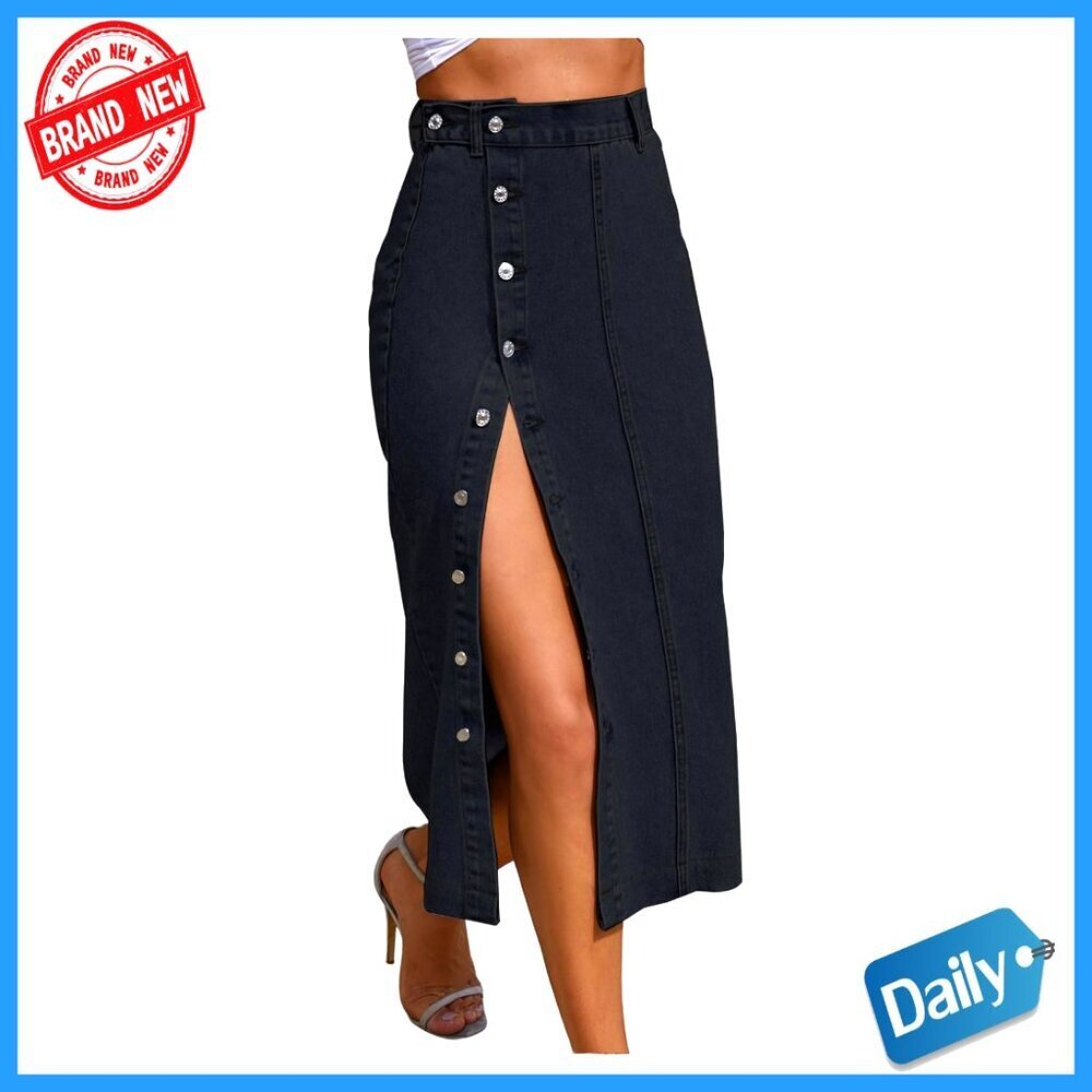 High Waisted Denim Midi Skirt Button Front Asymmetrical Trim Regular Fit